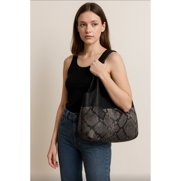 Daniella Lehavi Personals Oversized Snake Print Tote Bag Black Gray Leather - Picture 1 of 12
